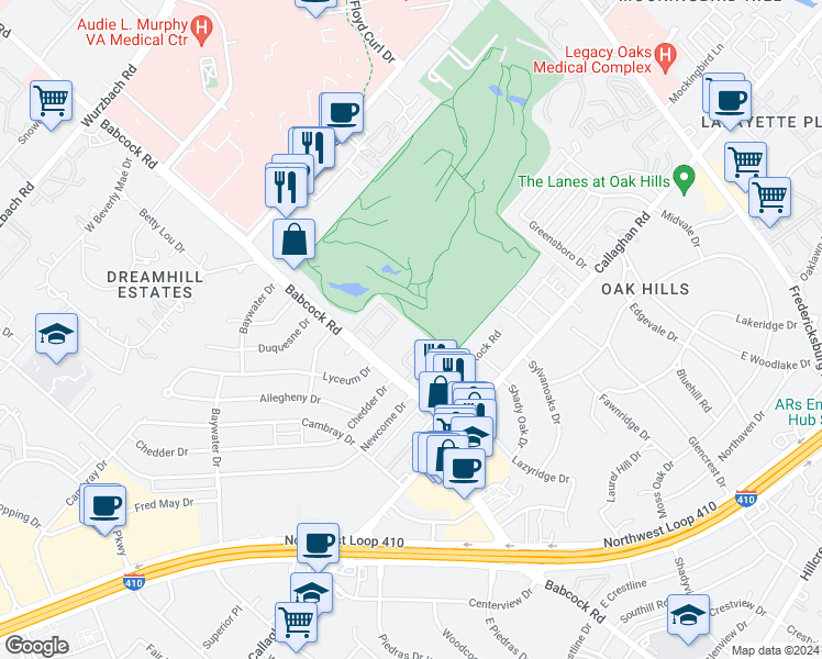 map of restaurants, bars, coffee shops, grocery stores, and more near 1819 Babcock Rd in San Antonio