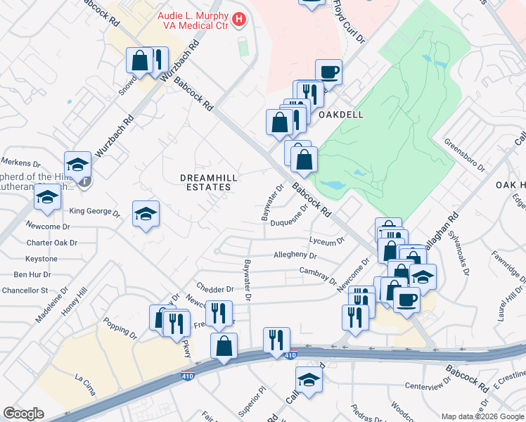 map of restaurants, bars, coffee shops, grocery stores, and more near 4731 Lorelei Drive in San Antonio