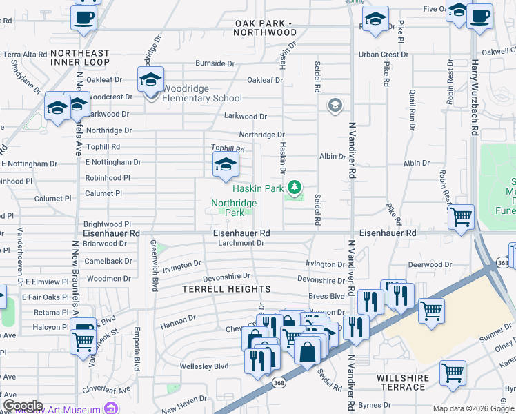 map of restaurants, bars, coffee shops, grocery stores, and more near 834 Chevy Chase Drive in San Antonio