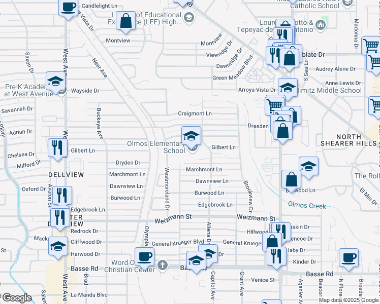map of restaurants, bars, coffee shops, grocery stores, and more near 1103 Allena Drive in San Antonio