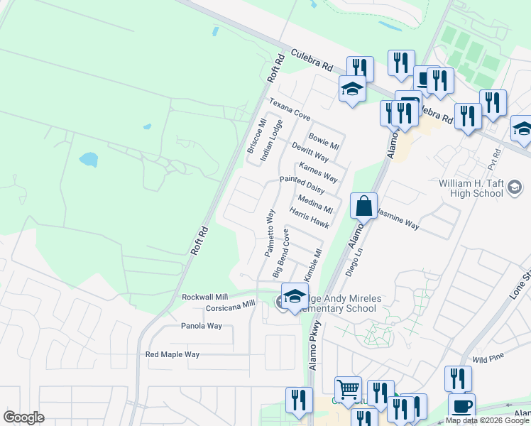 map of restaurants, bars, coffee shops, grocery stores, and more near 6218 Palmetto Way in San Antonio