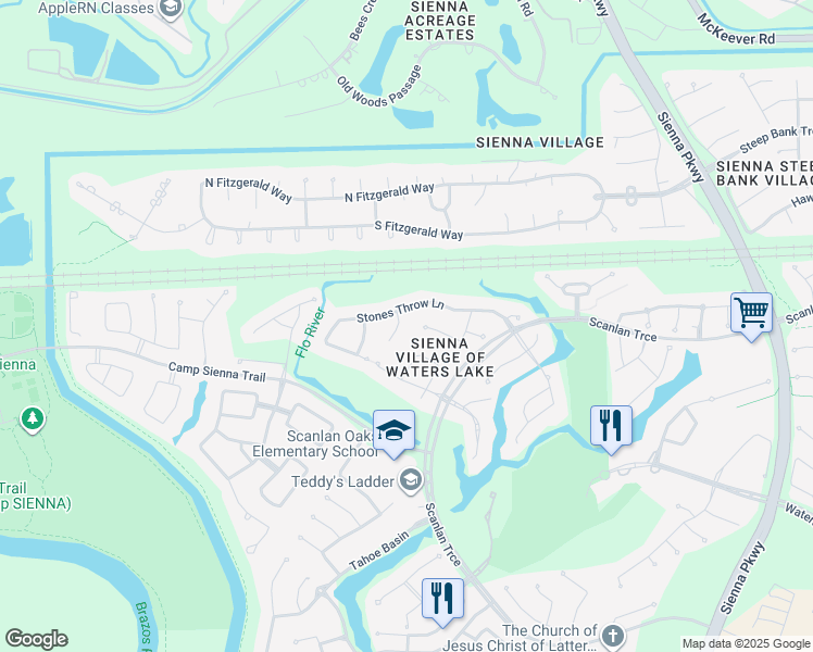 map of restaurants, bars, coffee shops, grocery stores, and more near 3418 Sunningdale Lane in Missouri City