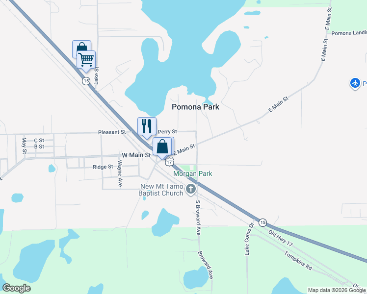 map of restaurants, bars, coffee shops, grocery stores, and more near 112 East Main Street in Pomona Park