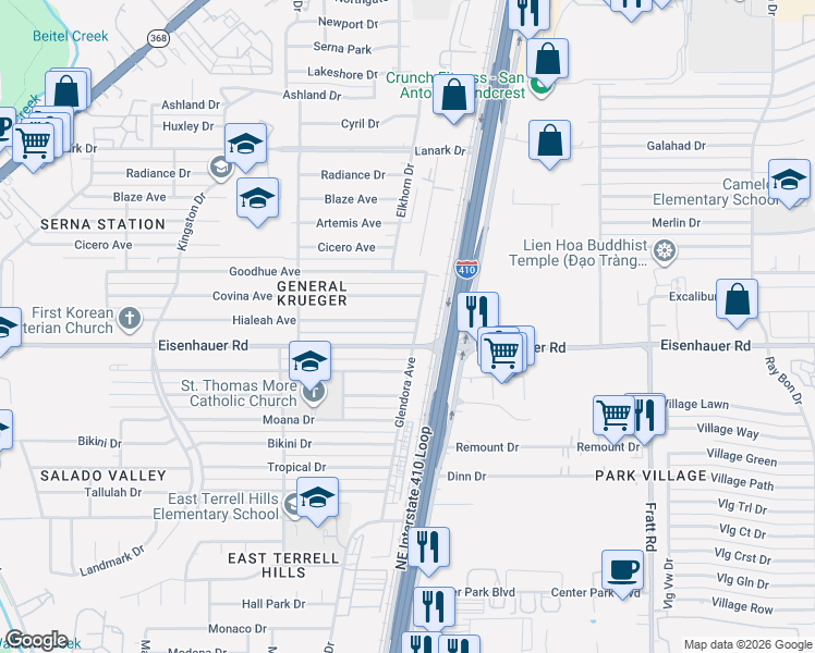 map of restaurants, bars, coffee shops, grocery stores, and more near 467 Hialeah Avenue in San Antonio
