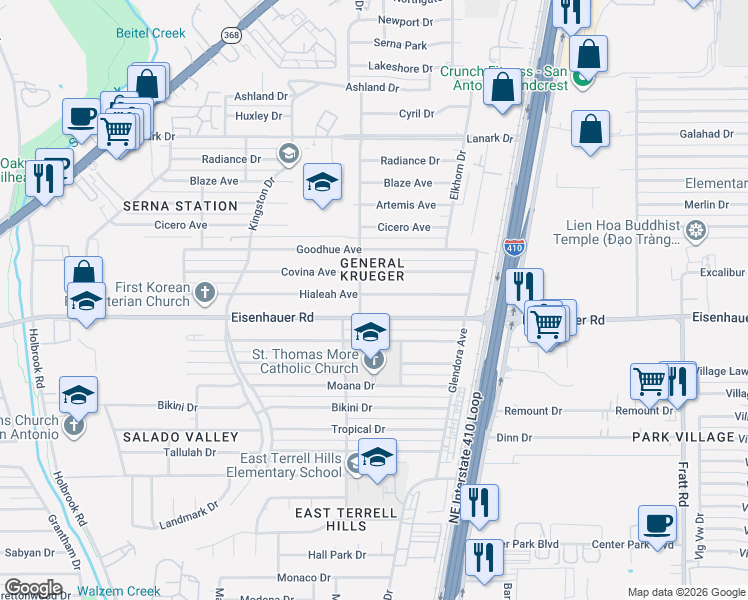 map of restaurants, bars, coffee shops, grocery stores, and more near 411 Hialeah Avenue in San Antonio