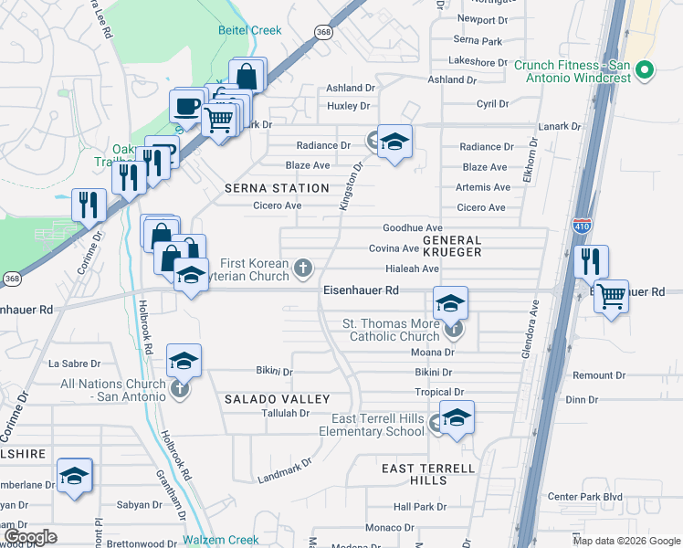 map of restaurants, bars, coffee shops, grocery stores, and more near 202 Hialeah Avenue in San Antonio