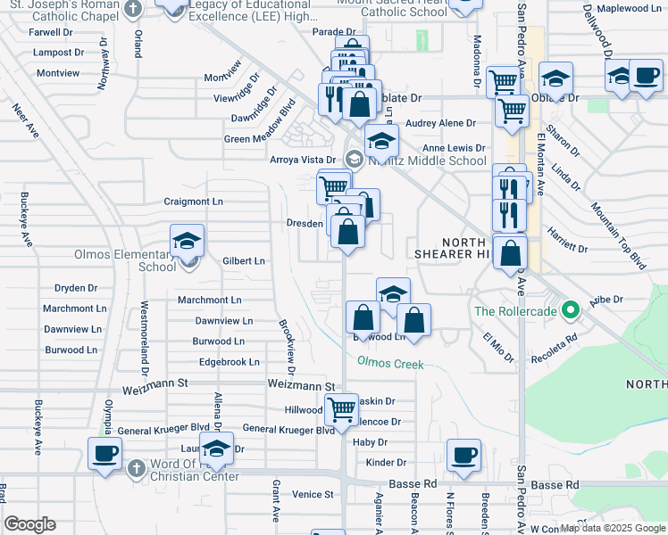 map of restaurants, bars, coffee shops, grocery stores, and more near 4 Gilbert Lane in San Antonio