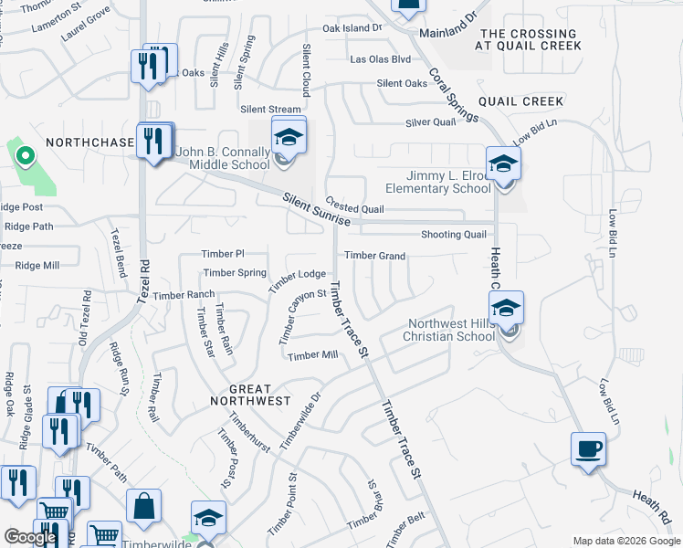 map of restaurants, bars, coffee shops, grocery stores, and more near 5611 Timber Trace Street in San Antonio