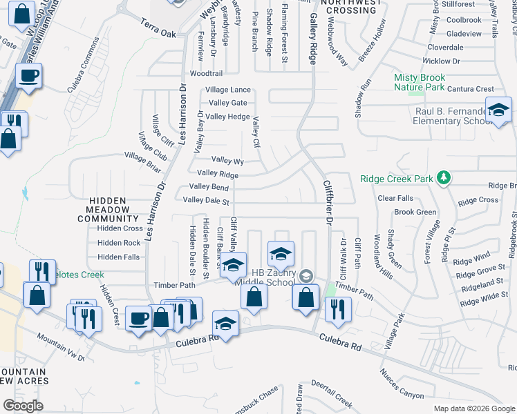 map of restaurants, bars, coffee shops, grocery stores, and more near 9435 Valley Dale Street in San Antonio