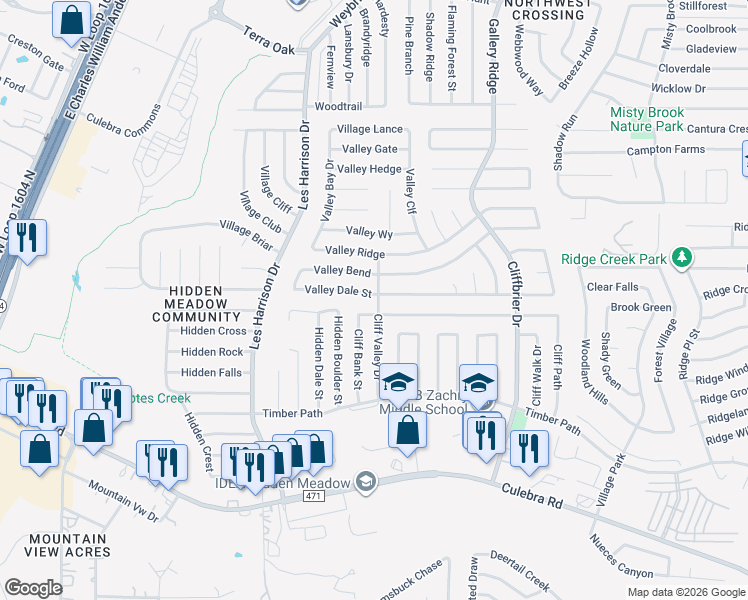 map of restaurants, bars, coffee shops, grocery stores, and more near 9467 Valley Dale Street in San Antonio