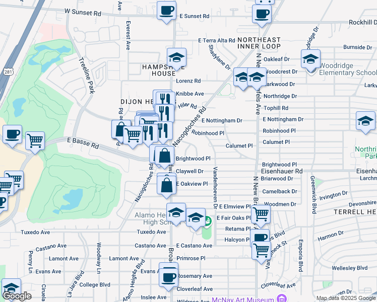 map of restaurants, bars, coffee shops, grocery stores, and more near 7110 Poniente Lane in San Antonio