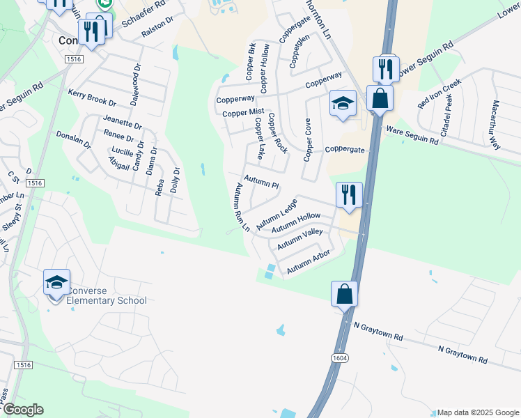 map of restaurants, bars, coffee shops, grocery stores, and more near 7130 Autumn Acres in Converse