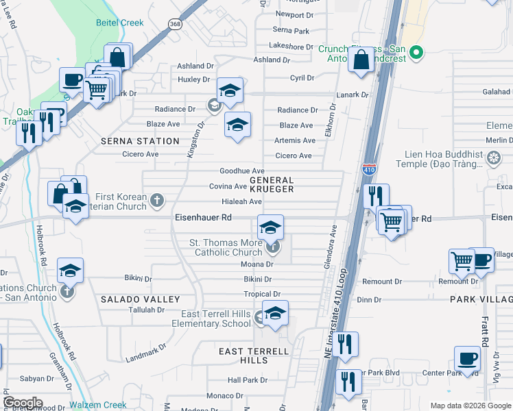 map of restaurants, bars, coffee shops, grocery stores, and more near 350 Hialeah Avenue in San Antonio
