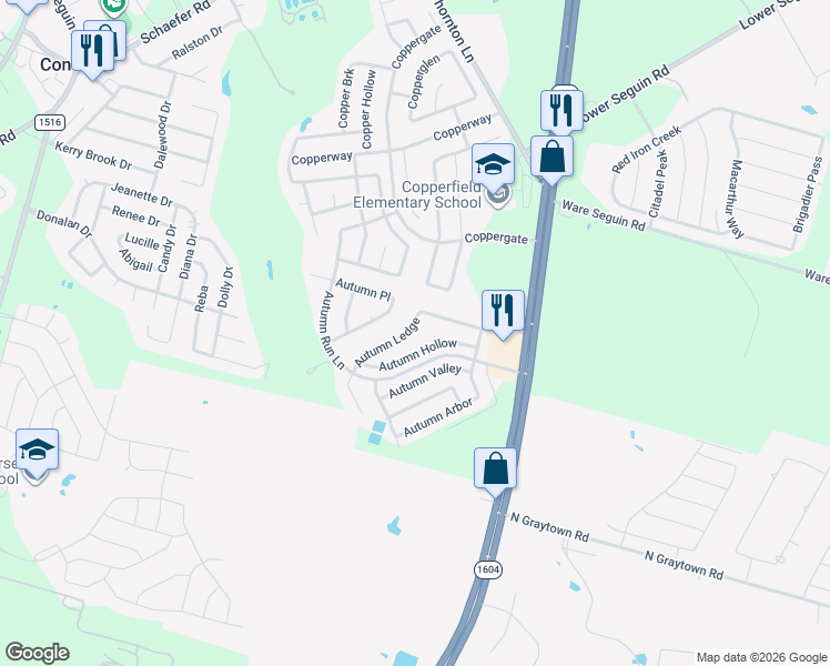 map of restaurants, bars, coffee shops, grocery stores, and more near 7530 Autumn Ledge in Converse