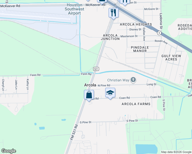 map of restaurants, bars, coffee shops, grocery stores, and more near 6007 FM 521 Road in Rosharon