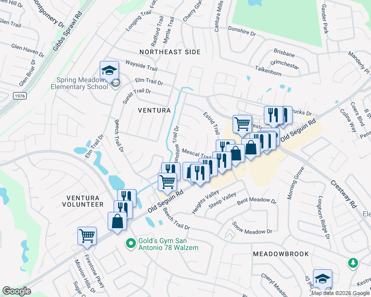 map of restaurants, bars, coffee shops, grocery stores, and more near 7326 Justino Trail in San Antonio