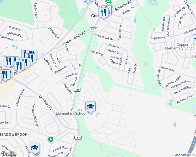 map of restaurants, bars, coffee shops, grocery stores, and more near 9114 Lowe Way in Converse