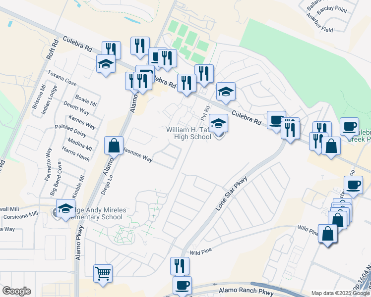 map of restaurants, bars, coffee shops, grocery stores, and more near 11803 Perla Joy in San Antonio