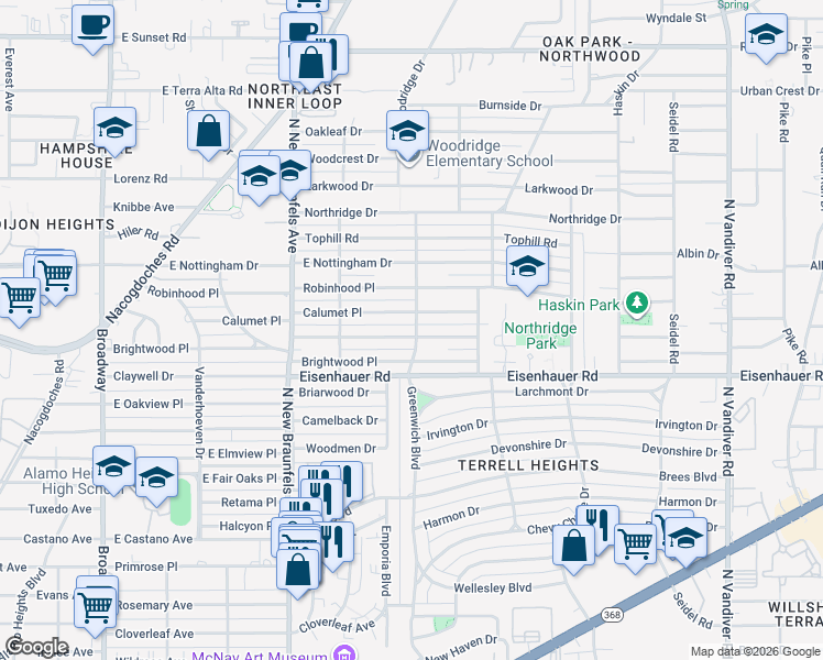 map of restaurants, bars, coffee shops, grocery stores, and more near 247 Ridgehaven Place in San Antonio