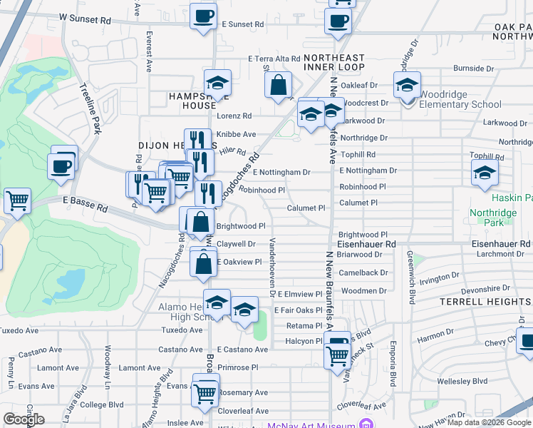 map of restaurants, bars, coffee shops, grocery stores, and more near 917 Vanderhoeven in San Antonio