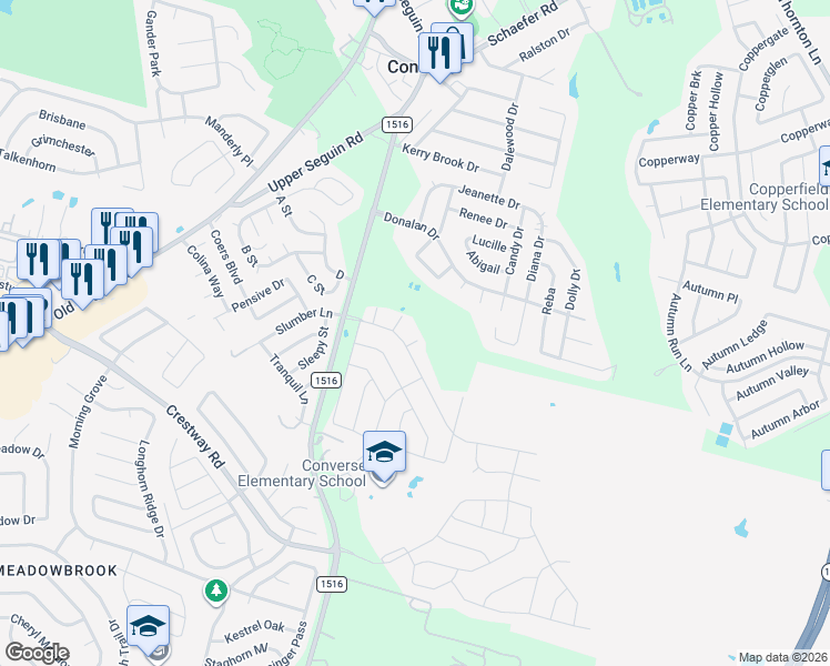 map of restaurants, bars, coffee shops, grocery stores, and more near 9114 Lowe Way in Converse