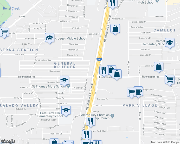 map of restaurants, bars, coffee shops, grocery stores, and more near 7202 Glendora Avenue in San Antonio
