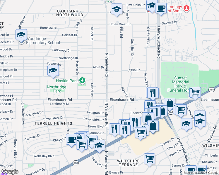 map of restaurants, bars, coffee shops, grocery stores, and more near 7146 North Vandiver Road in San Antonio