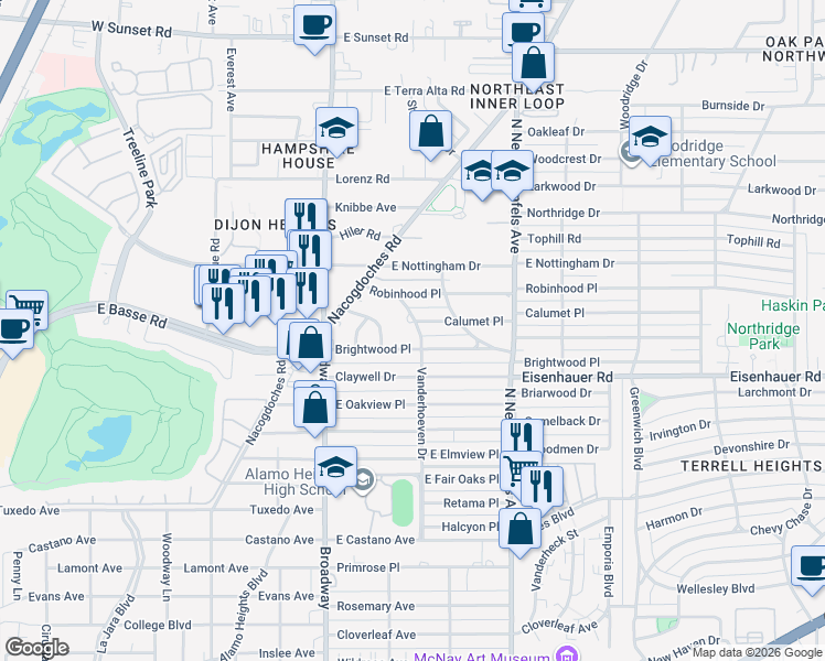 map of restaurants, bars, coffee shops, grocery stores, and more near 917 Vanderhoeven in San Antonio