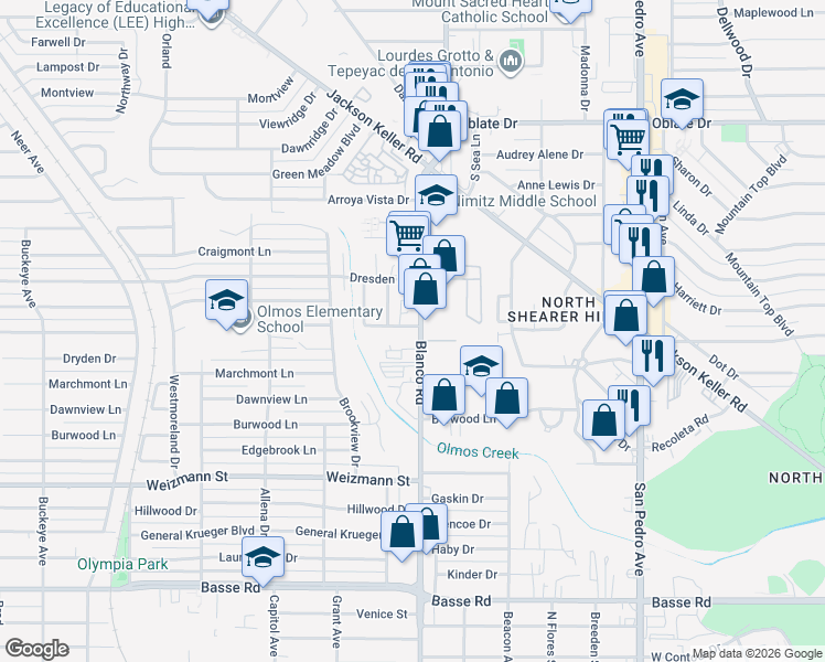 map of restaurants, bars, coffee shops, grocery stores, and more near 4 Gilbert Lane in San Antonio