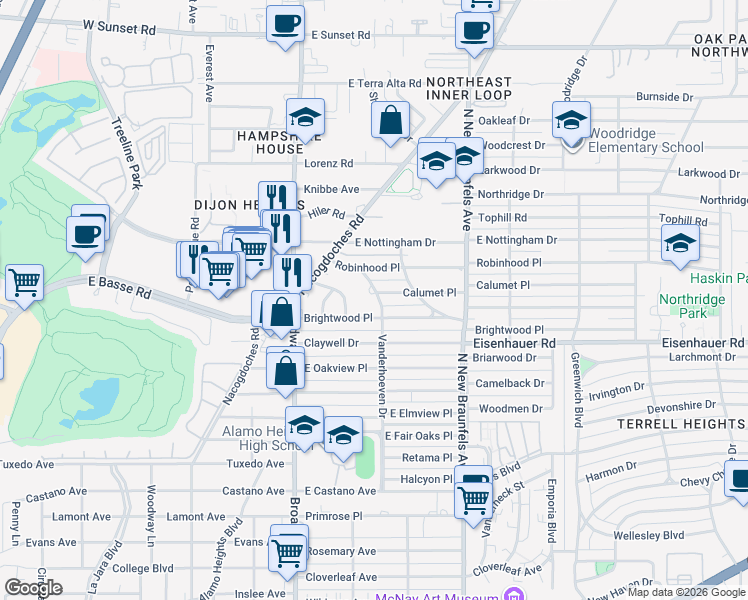 map of restaurants, bars, coffee shops, grocery stores, and more near 917 Vanderhoeven in San Antonio