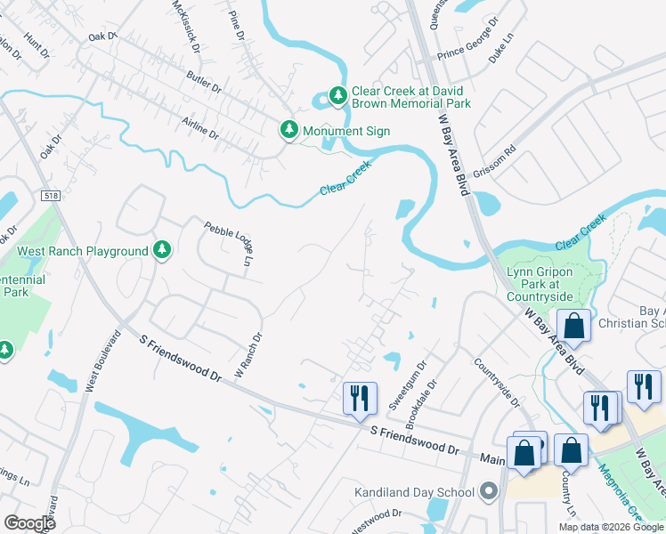 map of restaurants, bars, coffee shops, grocery stores, and more near 320 Northcliff Ridge Lane in Friendswood