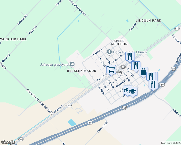 map of restaurants, bars, coffee shops, grocery stores, and more near 216 North 8th Street in Beasley