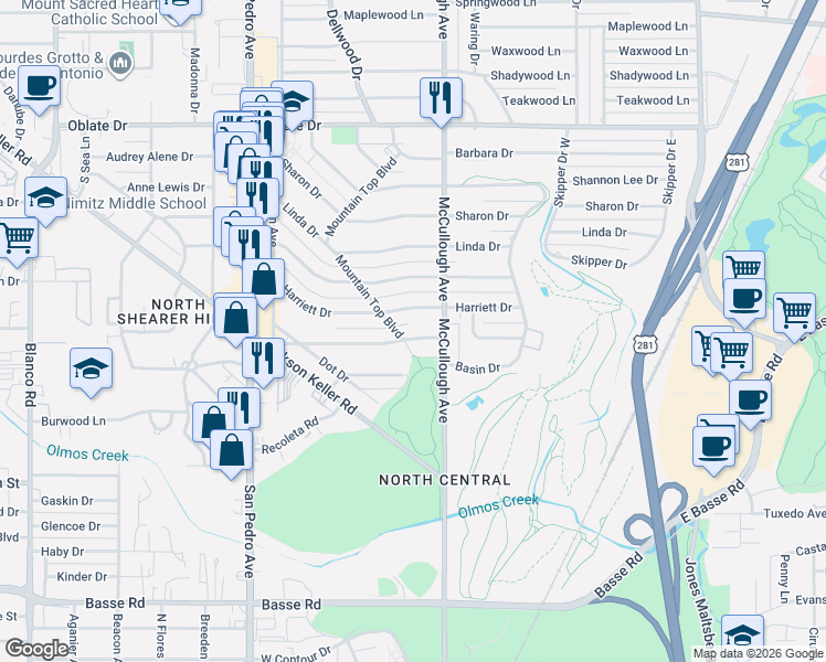 map of restaurants, bars, coffee shops, grocery stores, and more near 207 Rilla Vista Drive in San Antonio