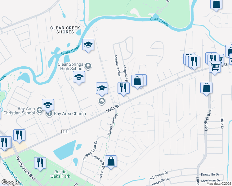 map of restaurants, bars, coffee shops, grocery stores, and more near 308 Palomino Lane in League City