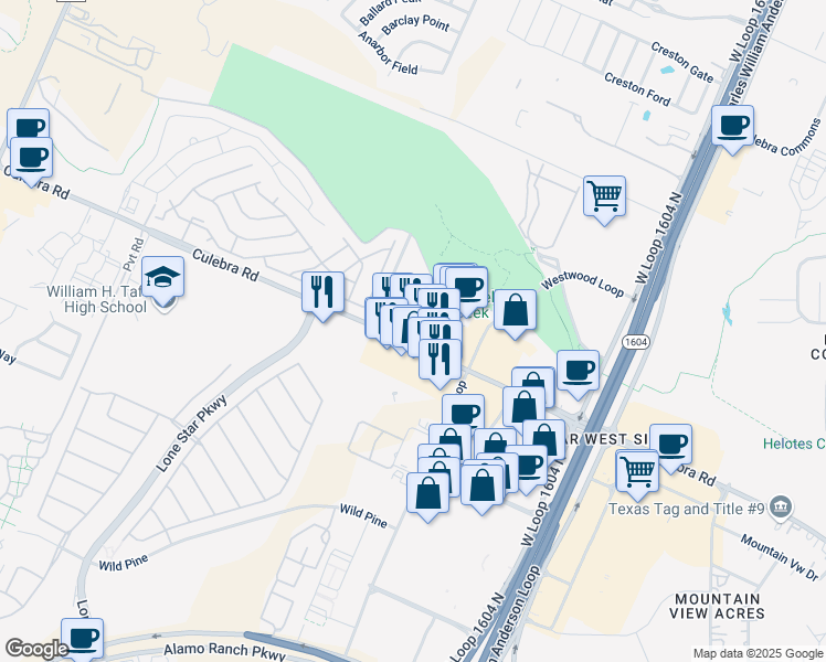map of restaurants, bars, coffee shops, grocery stores, and more near 11115 Culebra Road in San Antonio
