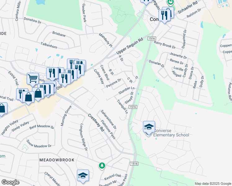 map of restaurants, bars, coffee shops, grocery stores, and more near 8807 Slumber Lane in Converse