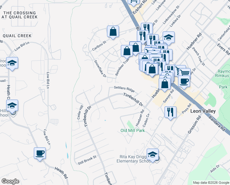 map of restaurants, bars, coffee shops, grocery stores, and more near 6719 Timberhill in San Antonio