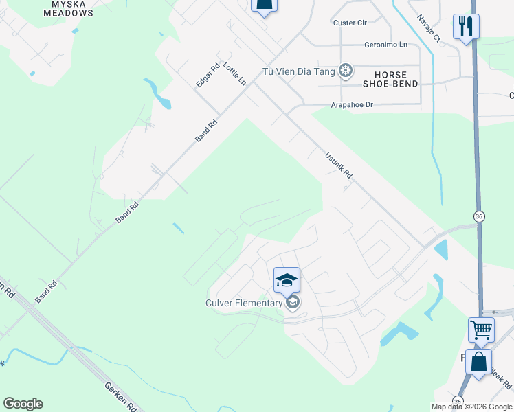 map of restaurants, bars, coffee shops, grocery stores, and more near Crestone Dr. in Rosenberg