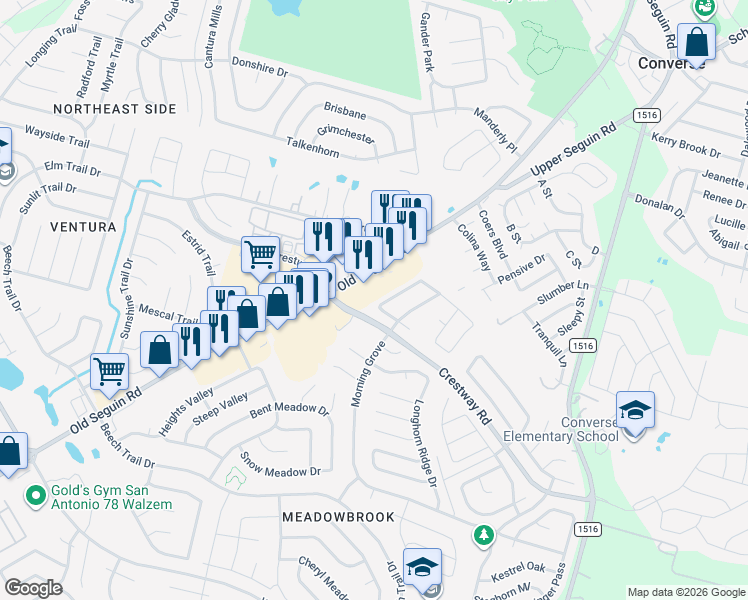 map of restaurants, bars, coffee shops, grocery stores, and more near 8931 Nature Trail in Converse
