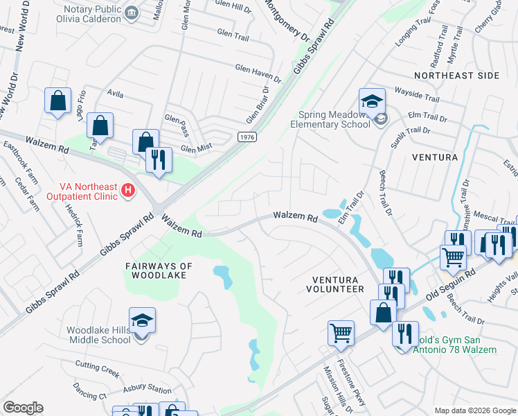 map of restaurants, bars, coffee shops, grocery stores, and more near 7210 Archers Grove in San Antonio