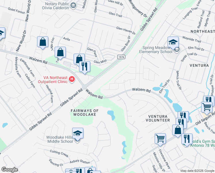 map of restaurants, bars, coffee shops, grocery stores, and more near 7115 Branching Run in San Antonio