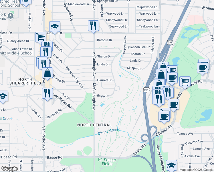 map of restaurants, bars, coffee shops, grocery stores, and more near 307 Rilla Vista Drive in San Antonio