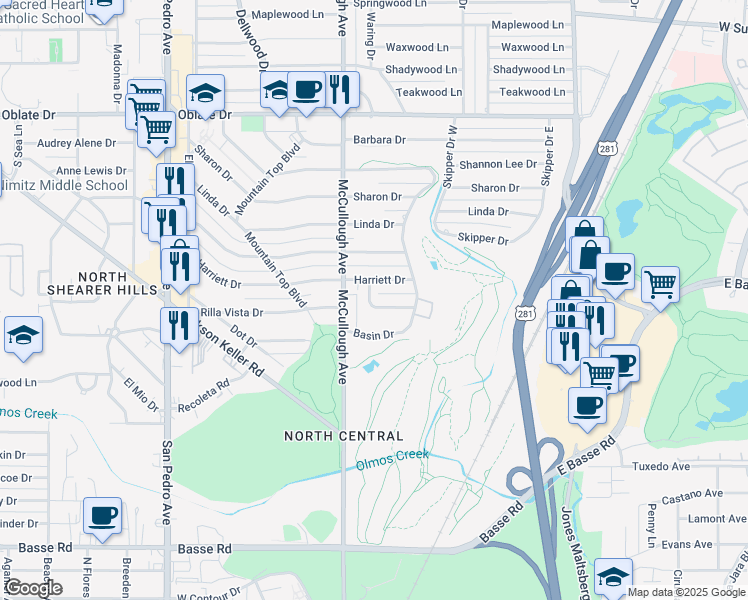 map of restaurants, bars, coffee shops, grocery stores, and more near 307 Rilla Vista Drive in San Antonio