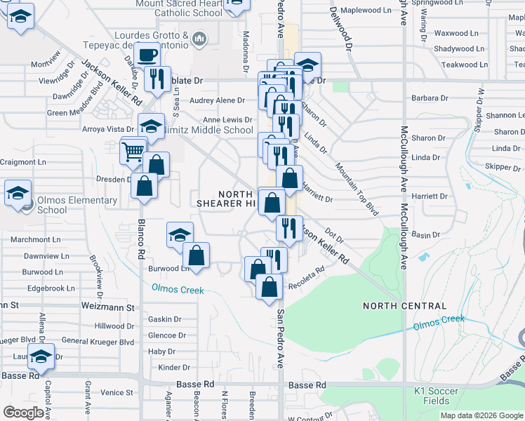 map of restaurants, bars, coffee shops, grocery stores, and more near 228 Melliff Drive in San Antonio