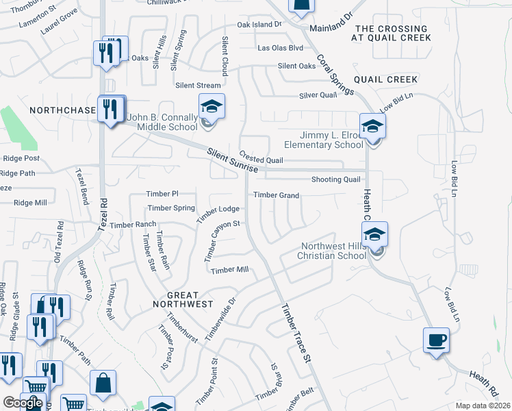 map of restaurants, bars, coffee shops, grocery stores, and more near 5619 Timber Jack in San Antonio