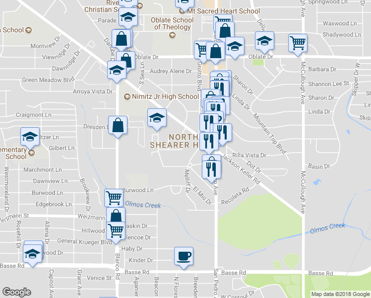 map of restaurants, bars, coffee shops, grocery stores, and more near 7102 Dubies Drive in San Antonio