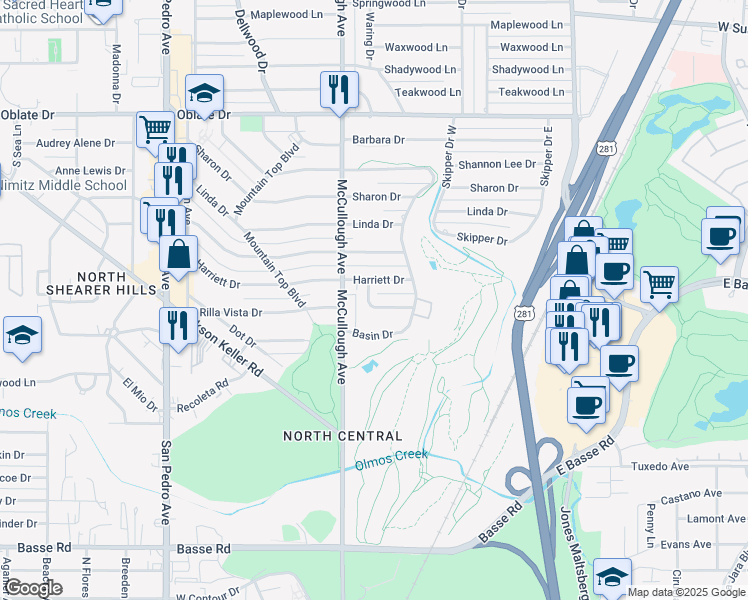 map of restaurants, bars, coffee shops, grocery stores, and more near 307 Rilla Vista Drive in San Antonio