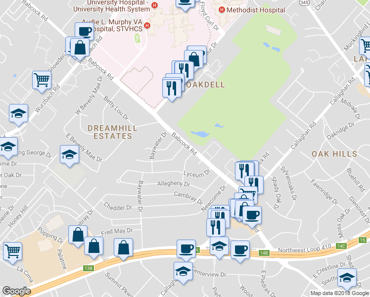 map of restaurants, bars, coffee shops, grocery stores, and more near 4502 Duquesne Drive in San Antonio