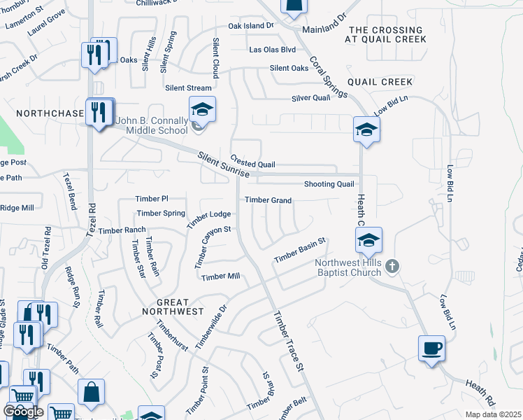 map of restaurants, bars, coffee shops, grocery stores, and more near 5619 Timber Jack in San Antonio