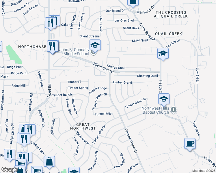 map of restaurants, bars, coffee shops, grocery stores, and more near 5611 Timber Trace Street in San Antonio